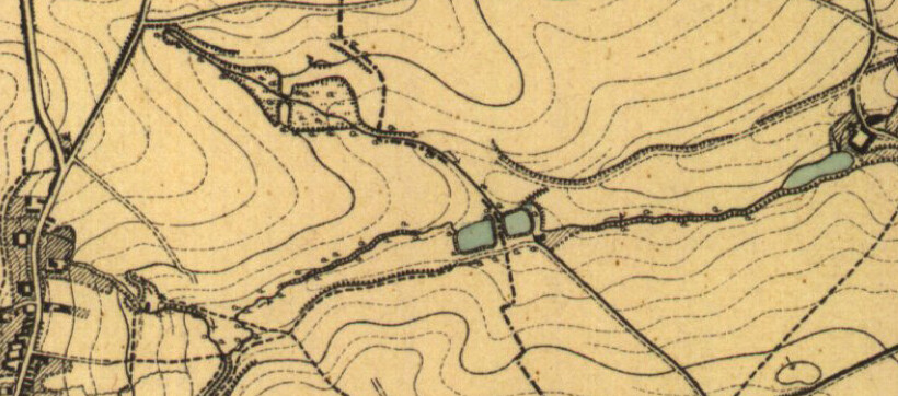 Abbildung 4: Mühlen und Teiche zwischen Glessen und Sinthern um 1900. Kartengrundlage: Ausschnitt aus der Topographischen Neuaufnahme 1 : 25 000 Blatt 5006 Frechen (2019)