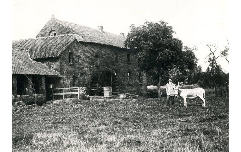 Frenzer Mühle im Jahr 1926. Der Kanal der Inde sowie das eiserne Wasserrad sind erhalten. Den Anbau des heutigen Wohnhauses hat es damals noch nicht gegeben (1926).