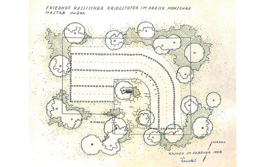 Bild 2: Erste und kurz darauf verworfene Planzeichnung der Gräberstätte Rurberg von Stadtgartenbauamtmann Heinrich Wienker (1958).