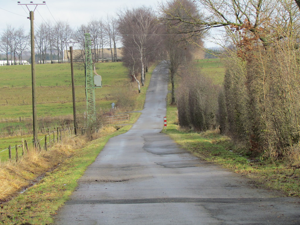 Die ehemalige Reichsstraße, heute Alte Straße in Kalterherberg. Dieser Abschnitt dient heute nur noch als Zufahrt zu einem landwirtschaftlichen Betrieb (im Hintergrund)