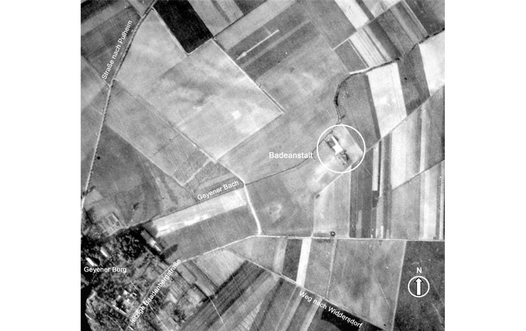 Abbildung 6: Luftaufnahme der Royal Air Force vom 8. Oktober 1944 mit Badeanstalt (2019)