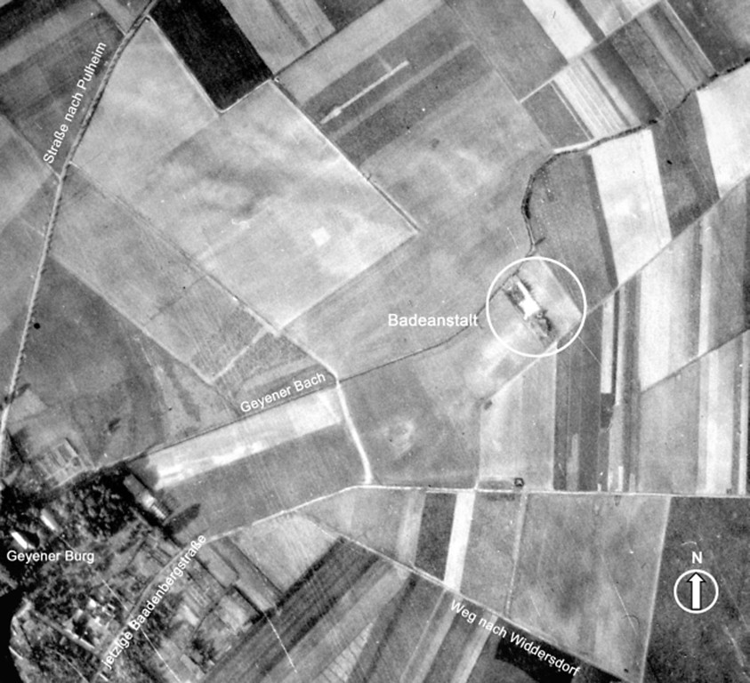 Abbildung 6: Luftaufnahme der Royal Air Force vom 8. Oktober 1944 mit Badeanstalt (2019)