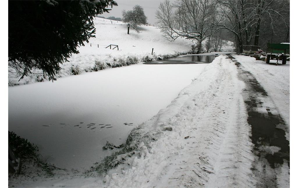 Der zugefrorene Stauweiher der Meutemühle; rechts der Zufahrtsweg