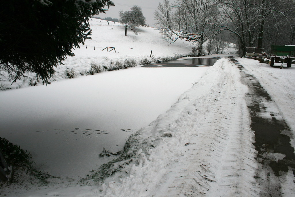 Der zugefrorene Stauweiher der Meutemühle; rechts der Zufahrtsweg