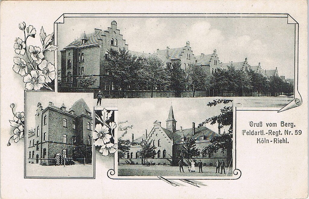 Eine historische Postkarte, auf der die Artilleriekaserne in Köln-Riehl abgebildet ist. Darauf steht: "Gruß vom Berg. Feldartl.-Regt. Nr. 59 Köln-Riehl".
