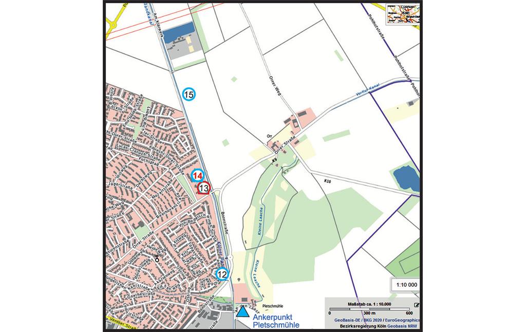 Die Lage von Erzählstation 13 in der Hintergrundkarte von Geobasis NRW (2020)