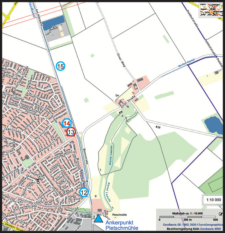 Die Lage von Erzählstation 13 in der Hintergrundkarte von Geobasis NRW (2020)