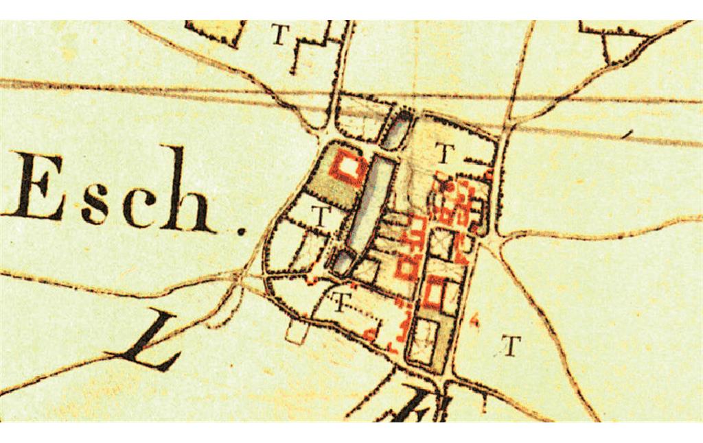 Esch vor 1820; mit Teichen Ausschnitt aus einem Nachdruck der Tranchot-Karte