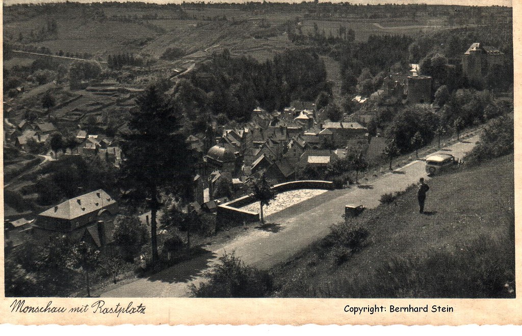 Umgehungsstraße in Monschau zwischen den Weltkriegen, historische Postkarte.