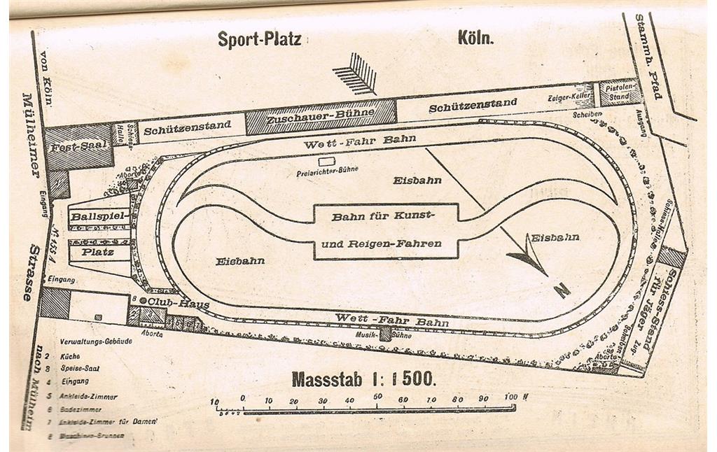 Lageplan zu den Riehler Sportanlagen aus einem Stadtführer von 1897 mit u.a. Radrennbahn, Eisbahn, Ballspielplatz, Schützenständen und Zuschauertribünen.