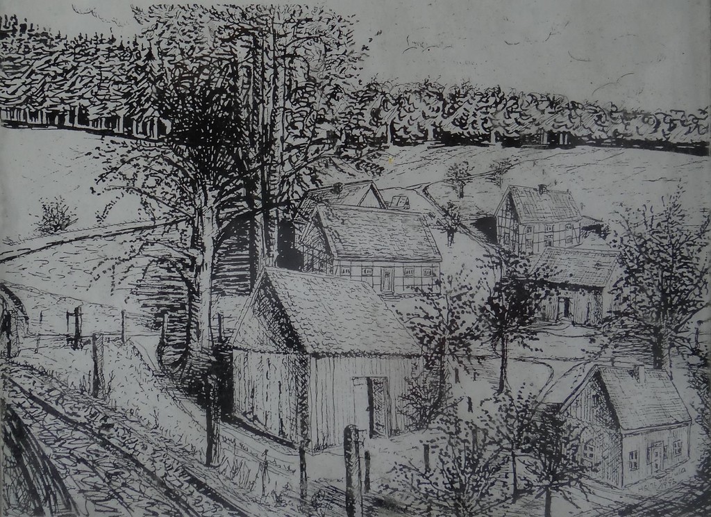 Zeichnung von Heinz Pietrula von 1993: Die untergegangene Ortschaft Kahlenberg.