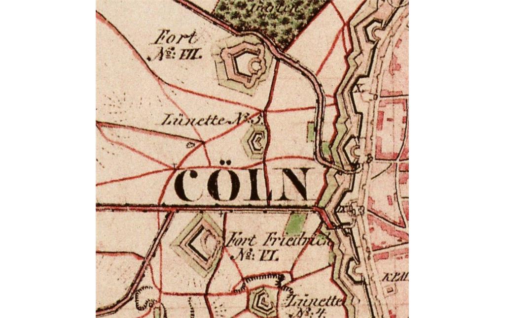 Die Forts VI und VII im heutigen Inneren Kölner Grüngürtel auf einer historischen Karte (Preußische Uraufnahme von 1845)