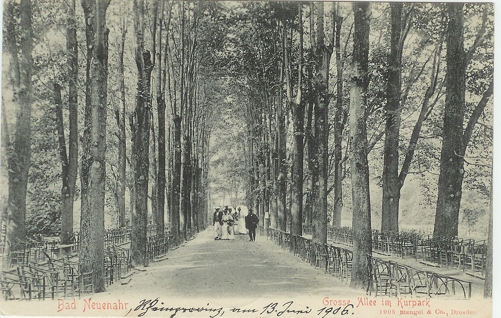 Die "Große Allee" im Kurpark Bad Neuenahr auf einer historischen Postkarte um 1906