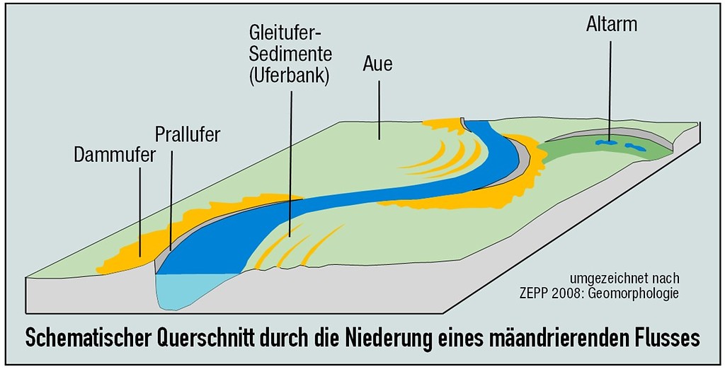 Abbildung 10: Schematischer Querschnitt durch die Niederung eines mäandrierenden Flusses (2019)