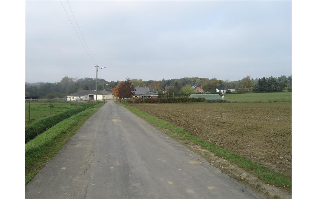 Blick von Osten auf den Weiler Klein-Villip, der von landwirtschaftlichen Nutzflächen umgeben ist (2014)
