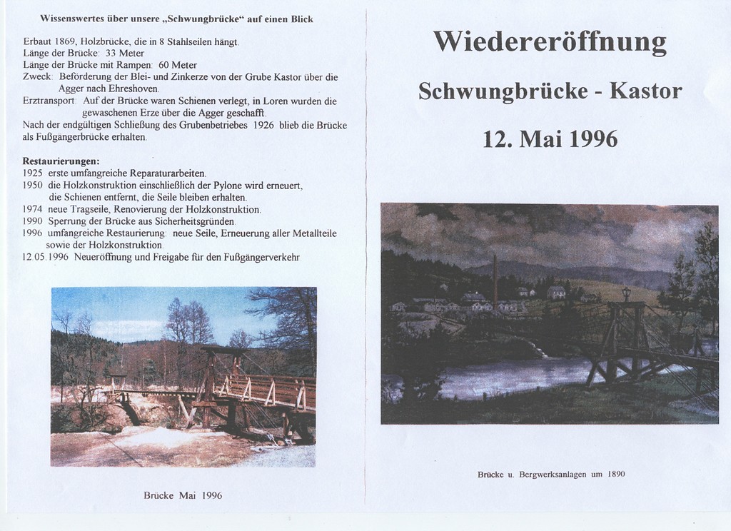 Infoblatt des BVV Loope zur Wiedereröffnung der Hängebrücke zwischen Ehreshoven und Kastor am 12. Mai 1996.