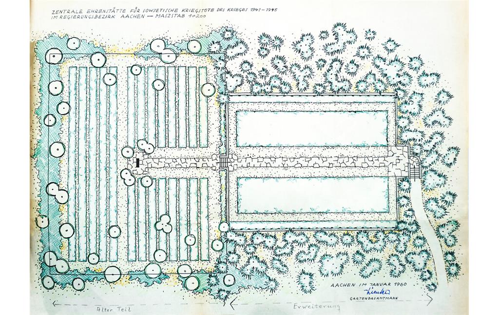 Bild 3: Planzeichnung der Gräberstätte Rurberg mit erstem und zweitem Bauabschnitt von Stadtgartenbauamtmann Heinrich Wienker (1960).
