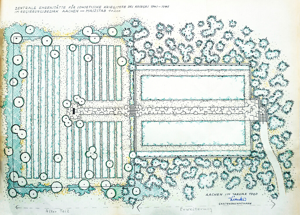 Bild 3: Planzeichnung der Gräberstätte Rurberg mit erstem und zweitem Bauabschnitt von Stadtgartenbauamtmann Heinrich Wienker (1960).