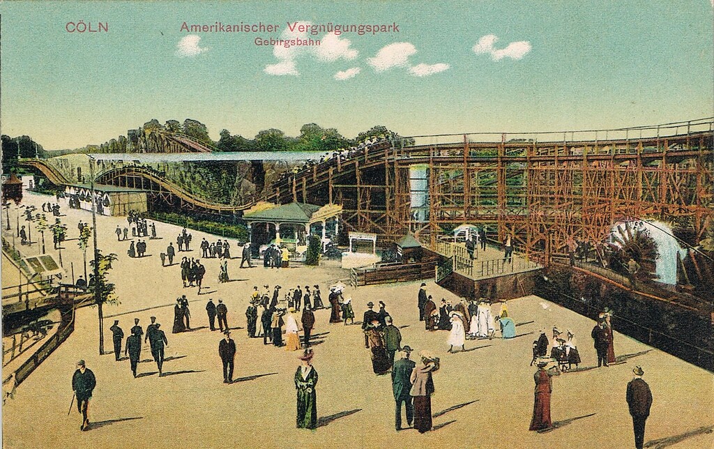 Mit "Cöln, Amerikanischer Vergnügungspark, Gebirgsbahn" bezeichnete historische Postkarte aus dem Köln-Riehler Vergnügungsviertel "Goldene Ecke" (zwischen 1909 und 1918).