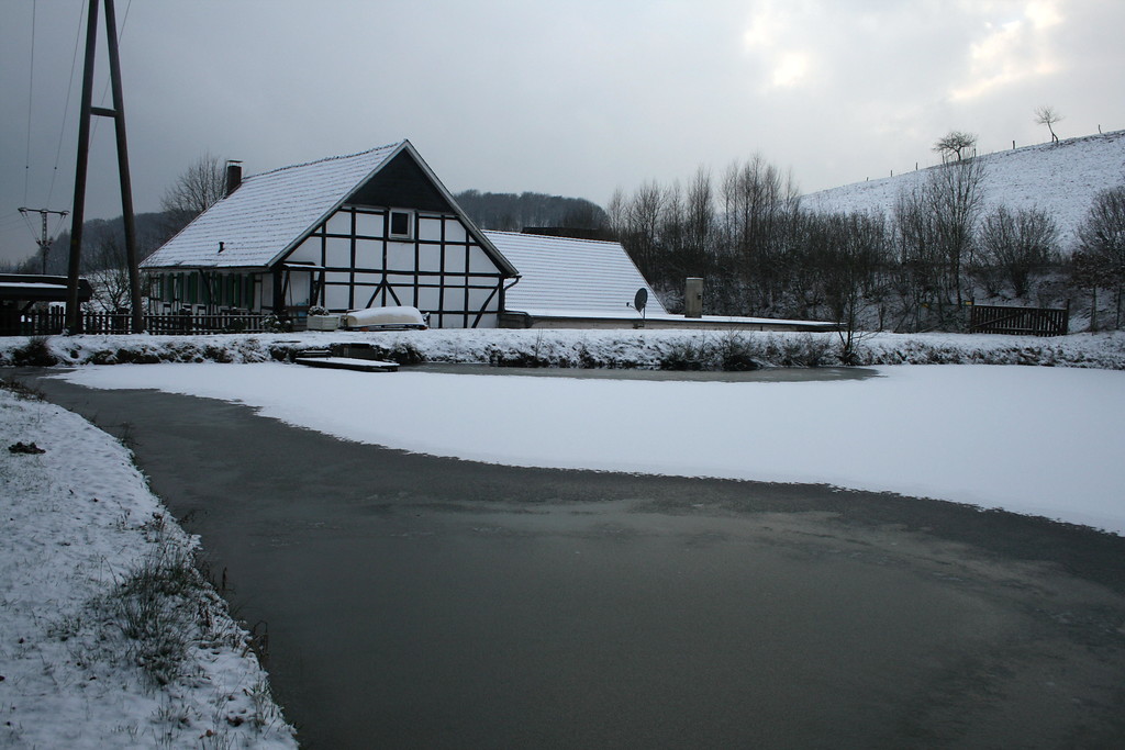 Die Weyermühle: Blick  über den zugefrorenen Stauteich.