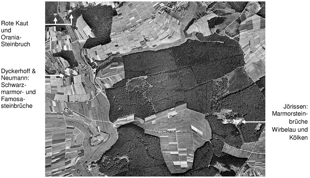 Historische Luftaufnahme des Bereichs der Schupbacher Lahnmarmorsteinbrüche (1953)
