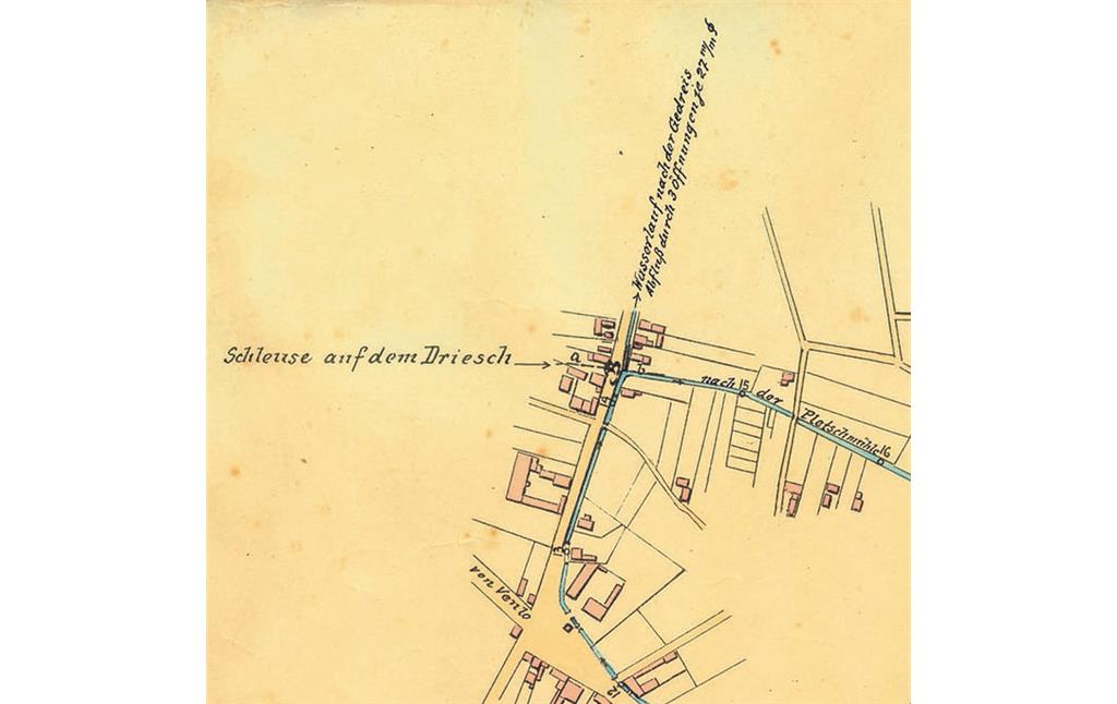 Abbildung 6: Schleuse auf dem Driesch. Kartenausschnitt aus dem Lage- und Höhen-Plan des Pulheimer Baches von der Brandbrücke bis zur Pletschmühle 1922 (2007)