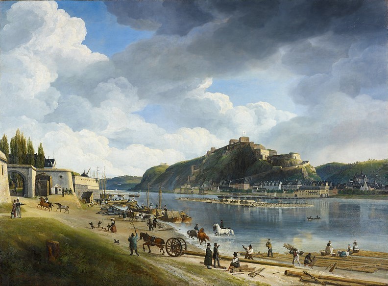 Ölgemälde von Johann Adolf Lasinsky: Der Rhein bei Koblenz mit Festung Ehrenbreitstein (1828)