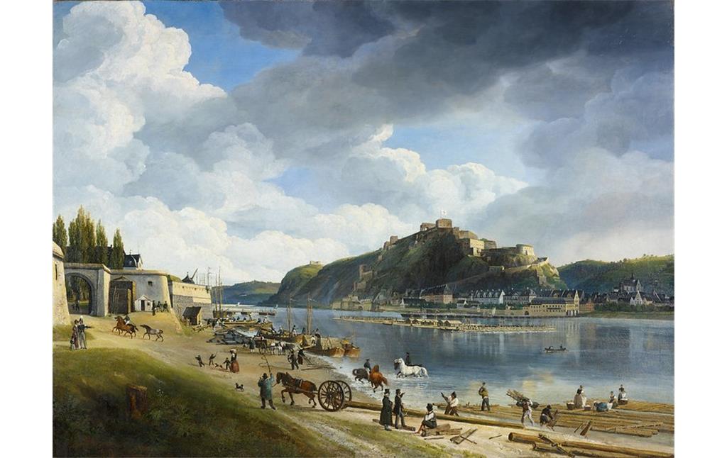 Ölgemälde von Johann Adolf Lasinsky: Der Rhein bei Koblenz mit Festung Ehrenbreitstein (1828)
