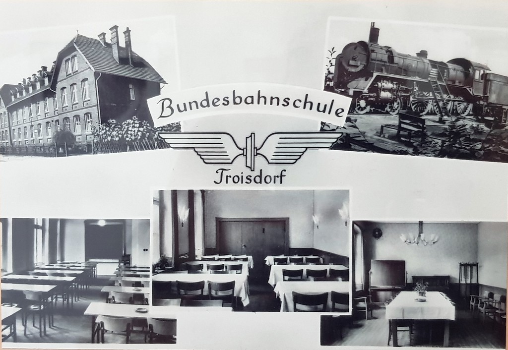 Troisdorf, Bundesbahn-Schule, Ansichtskarte aus den 1950er Jahren.