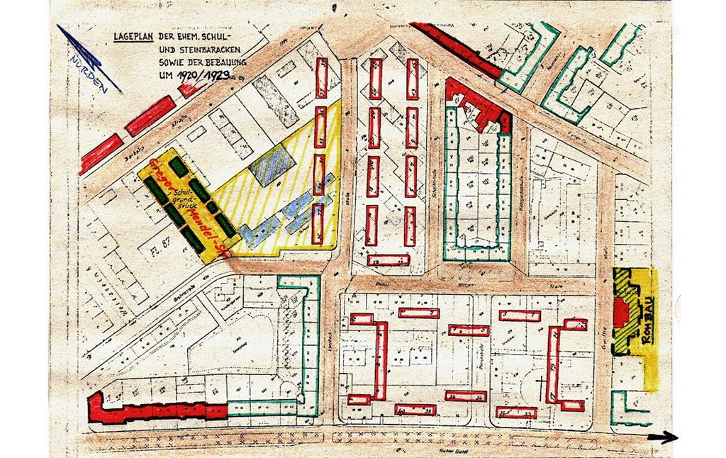 Historischer Plan des Bereichs zwischen Barbarastraße und Riehler Gürtel in Köln-Riehl aus den 1950er-Jahren mit den Wohnbaracken der englischen Besatzungssoldaten und dem Schulgelände in der damaligen Gregor-Mendel-Straße.