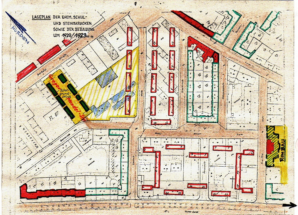 Historischer Plan des Bereichs zwischen Barbarastraße und Riehler Gürtel in Köln-Riehl aus den 1950er-Jahren mit den Wohnbaracken der englischen Besatzungssoldaten und dem Schulgelände in der damaligen Gregor-Mendel-Straße.