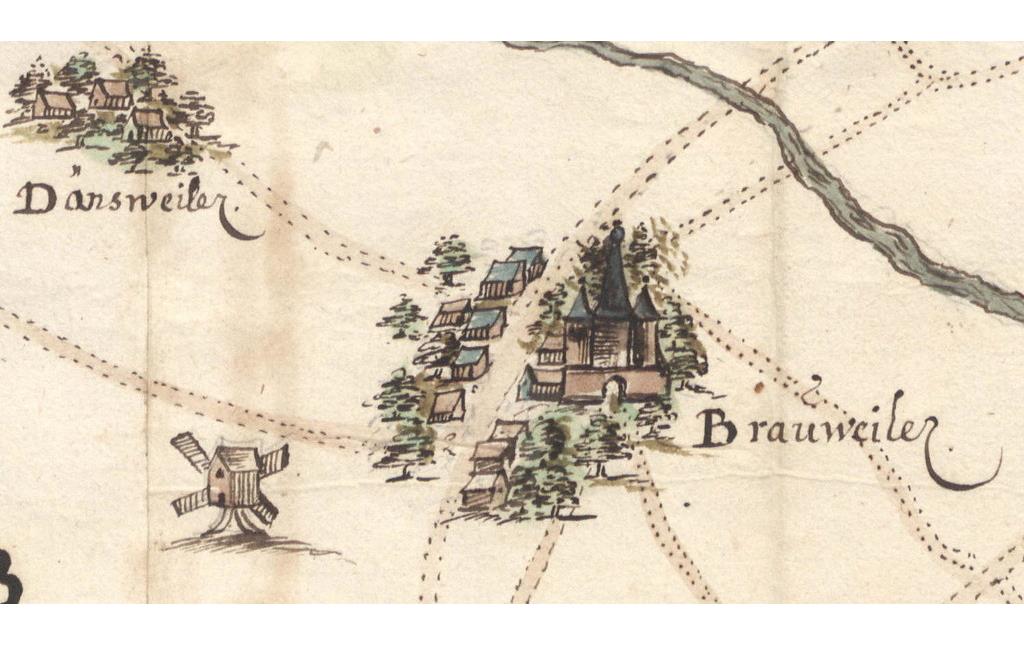 Die erste Darstellung der Brauweiler Windmühle, noch als hölzerne Bockwindmühle, auf einer Karte von 1720