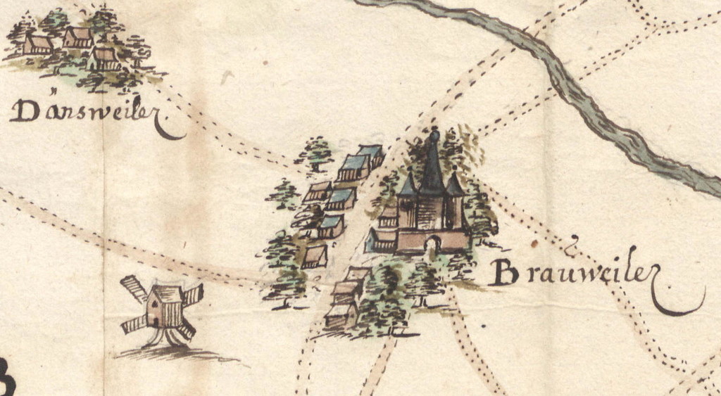 Die erste Darstellung der Brauweiler Windmühle, noch als hölzerne Bockwindmühle, auf einer Karte von 1720