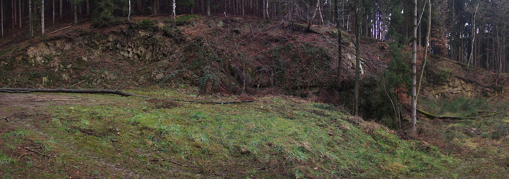 Steinbruch Unterheiligenhoven 1 bei Lindlar: Blick von der Seite in den Bruch. Links der kürzlich eingebrachte Aushub. (2018)