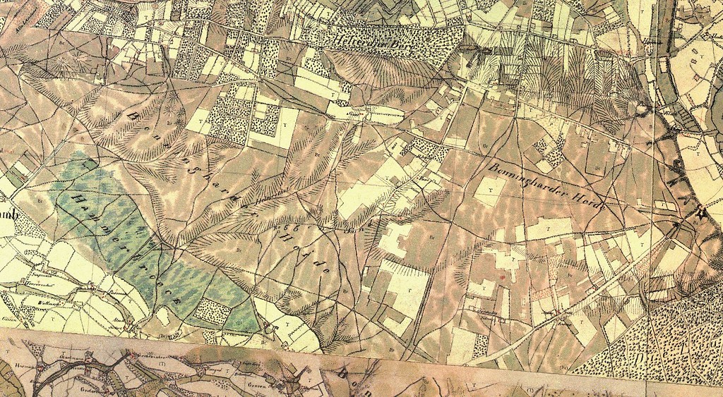 Die Bönninghardter Heide in einem Ausschnitt aus der Kartenaufnahme der Rheinlande 1:25.000 durch Tranchot / von Müffling 1801 - 1828