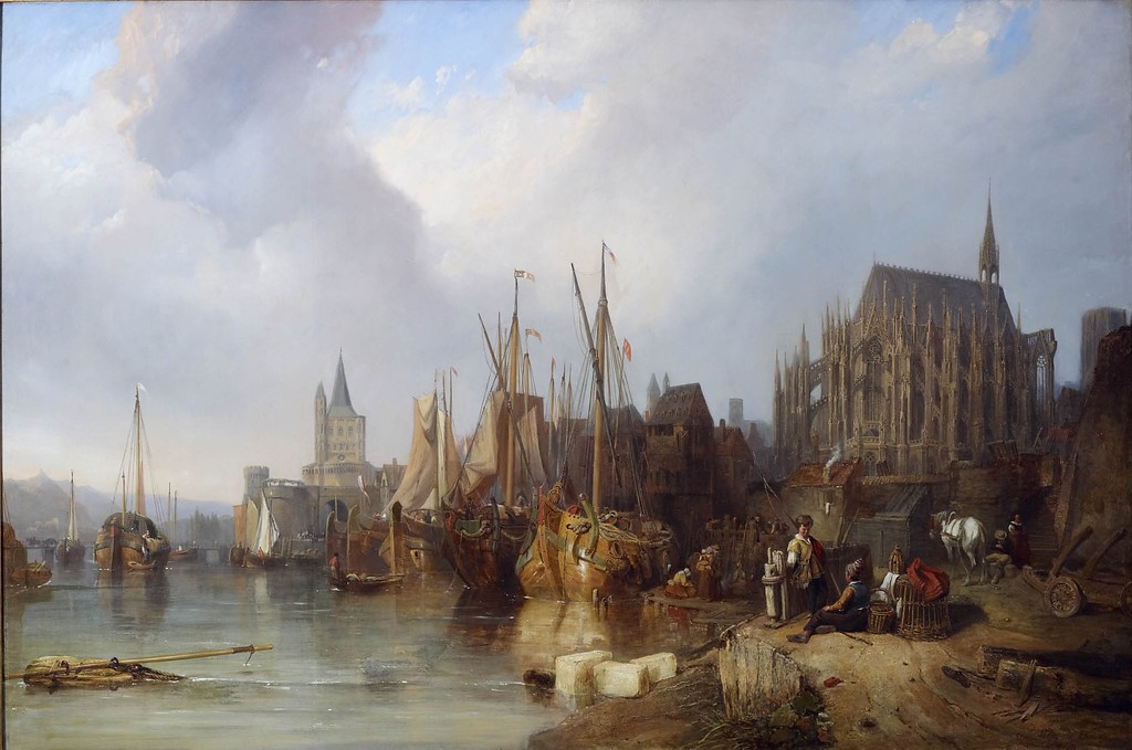 Ölgemälde von Clarkson Frederick Stanfield: Das Kölner Rheinufer mit dem unvollendeten Dom (um 1826)