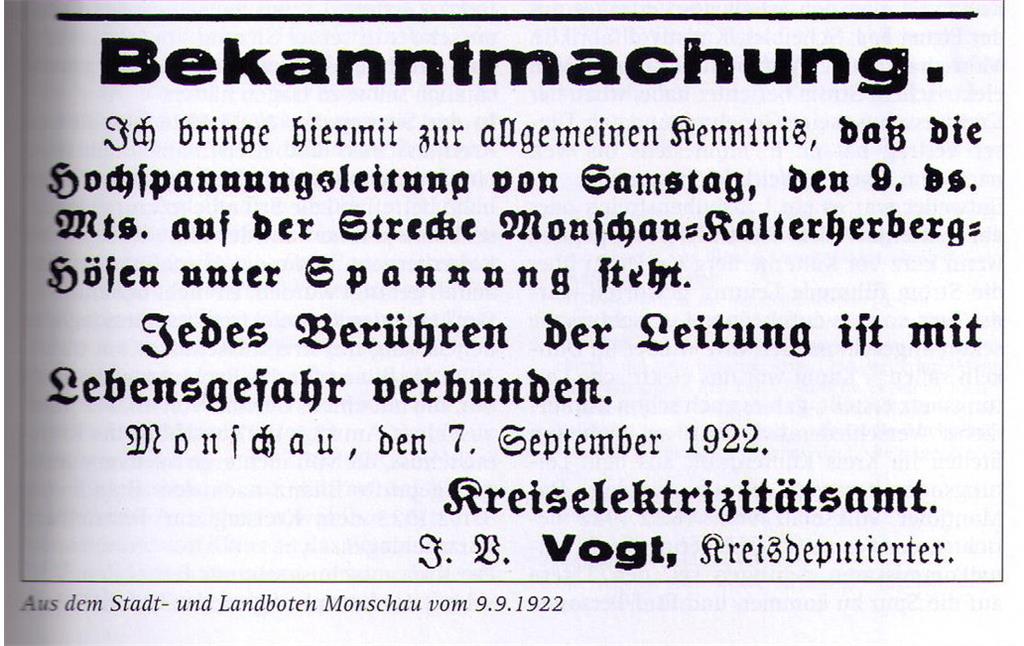 Bekanntmachung aus dem Monschauer Stadt- und Landboten vom 9. September 1922