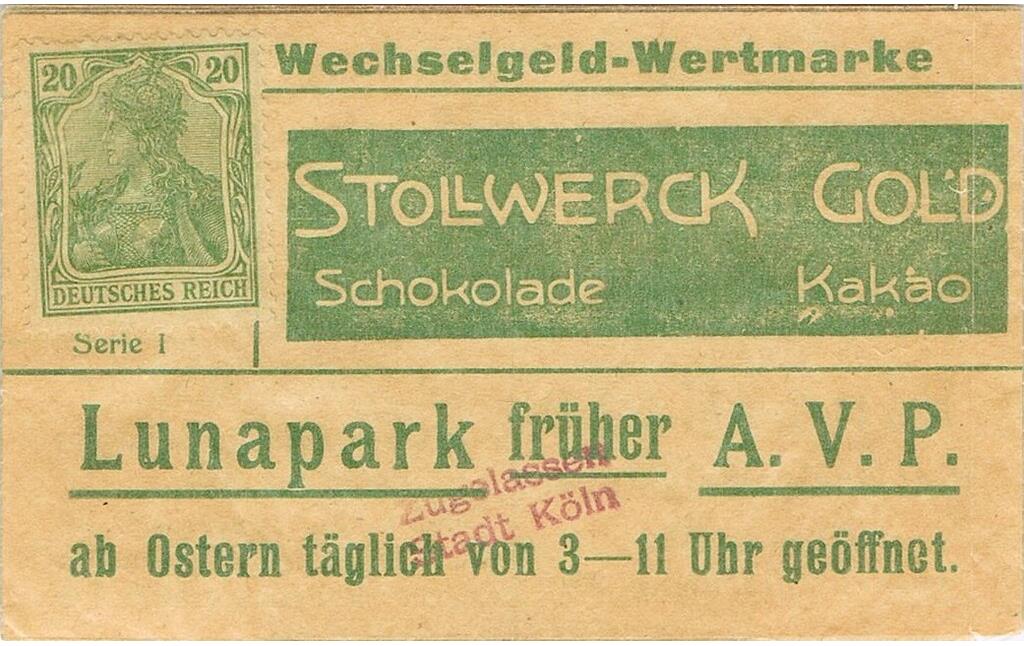 Historische Wechselgeld-Wertmarke des Lunaparks im Köln-Riehler Vergnügungsviertel "Goldene Ecke" mit einem Werbeaufdruck der Kölner Stollwerck-Schokoladenfabrik (zwischen 1918 und 1928).