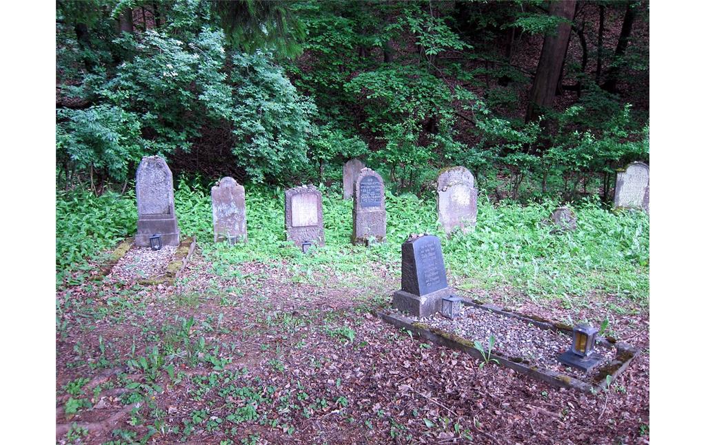 Teilansicht des zwischen Waldrand und Kreisstraße gelegenen jüdischen Friedhofs oberhalb von Dernau im Ahrtal (2015).