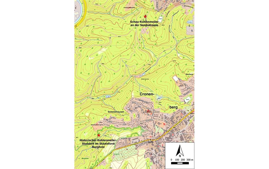 Karte des historischen Kohlenmeilerstandorts in Burgholz und des Schaukohlenmeilers (2020)