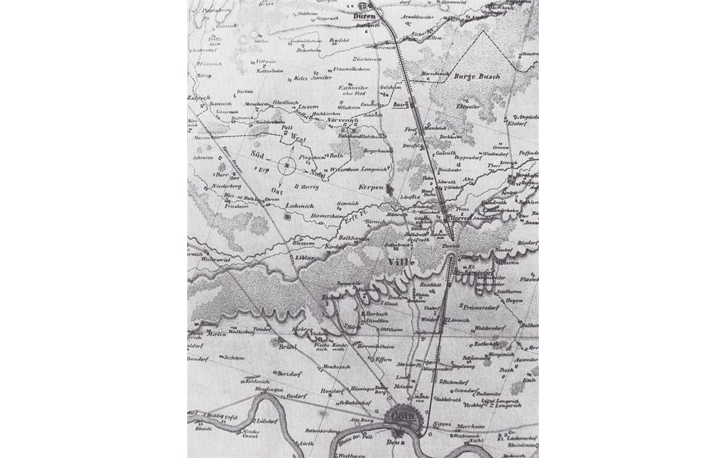 Karte der Gegend zwischen Köln und Düren aus der Zeit um 1840. Von Köln ausgehend ist die Bahnlinie zu erkennen mit dem eingezeichneten Tunnel bei Großkönigsdorf und der Ville, dem Vorgebirge.