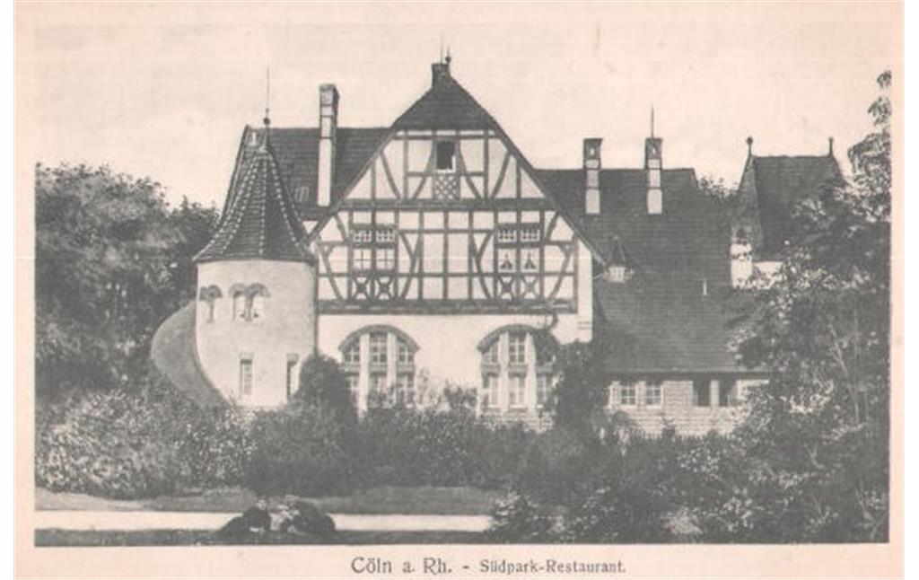Vergilbte Postkarte, vermutlich um 1900-1930, mit einem Foto des ehemaligen Restaurants im Südpark in Köln-Marienburg.
