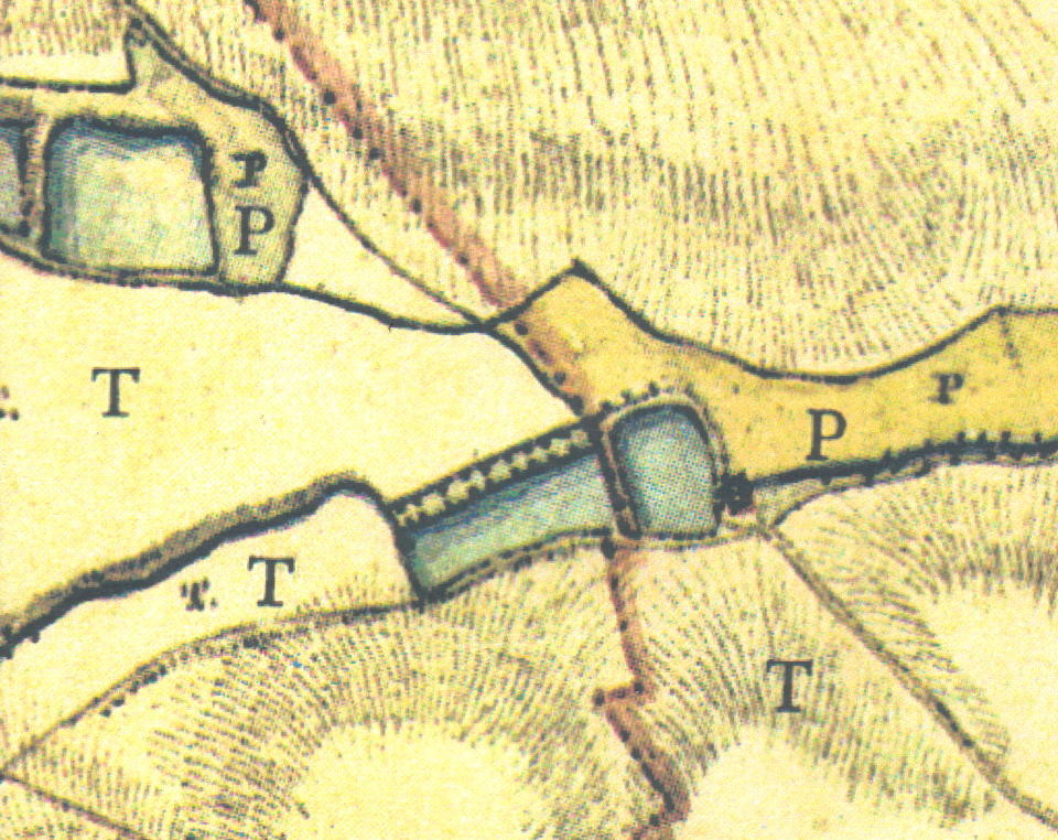 Auf der Tranchot-Karte von 1807/08 sind noch zwei Stauteiche zu erkennen. Die Gemeindegrenze verleif genau über den Zwischendamm