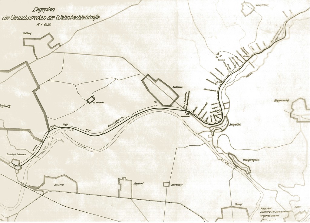 Lageplan der Versuchsstrecken der Wahnbachtalstraße, erstellt vom Kreistiefbauamt, September 1927