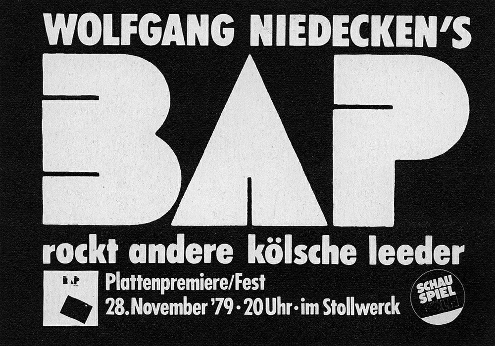 Werbung für die Vorstellung der Schallplatte "Wolfgang Niedecken's BAP rockt andere kölsche Leeder" am 28. November 1979 im Kölner Stollwerck.