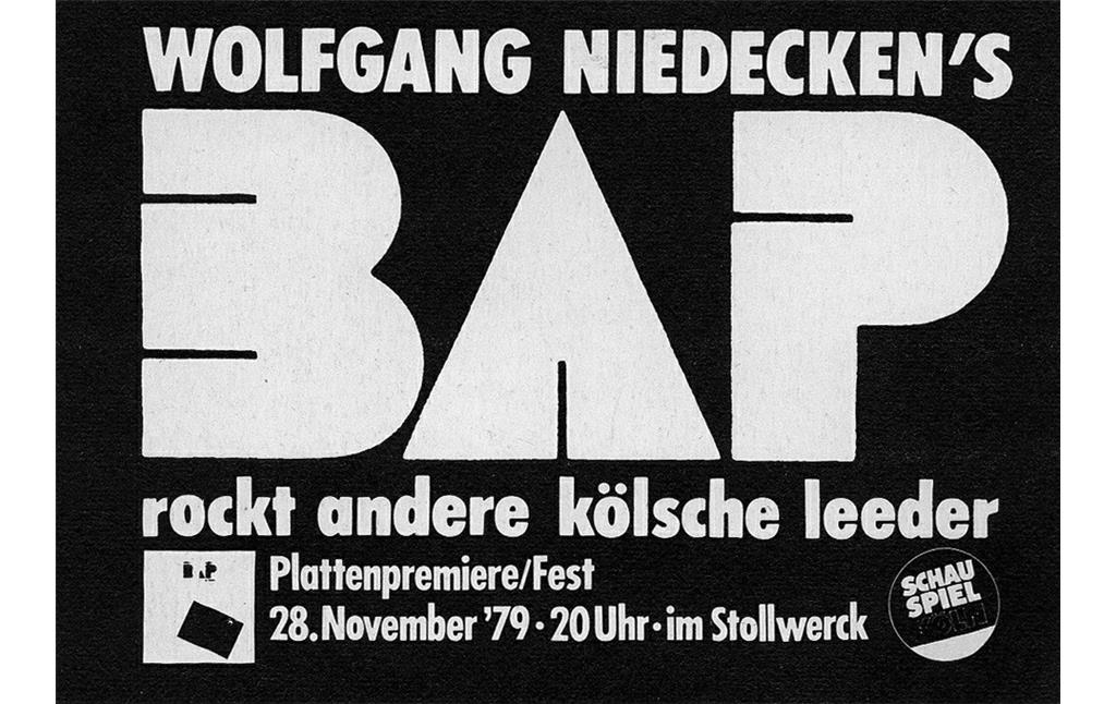 Werbung für die Vorstellung der Schallplatte "Wolfgang Niedecken's BAP rockt andere kölsche Leeder" am 28. November 1979 im Kölner Stollwerck.