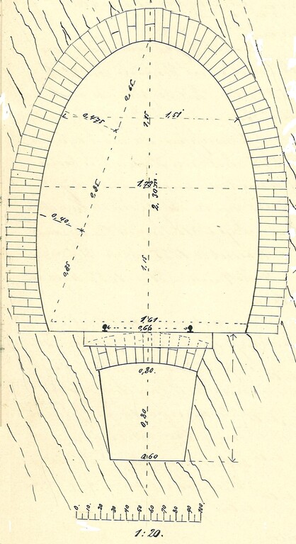 Zeichnung eines Stollens (oben) mit Entwässerungskanal (unten) des Wilhelm-Erbsteollens in Kaub  (o.J.)