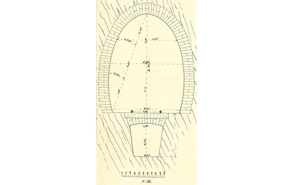Zeichnung eines Stollens (oben) mit Entwässerungskanal (unten) des Wilhelm-Erbsteollens in Kaub  (o.J.)