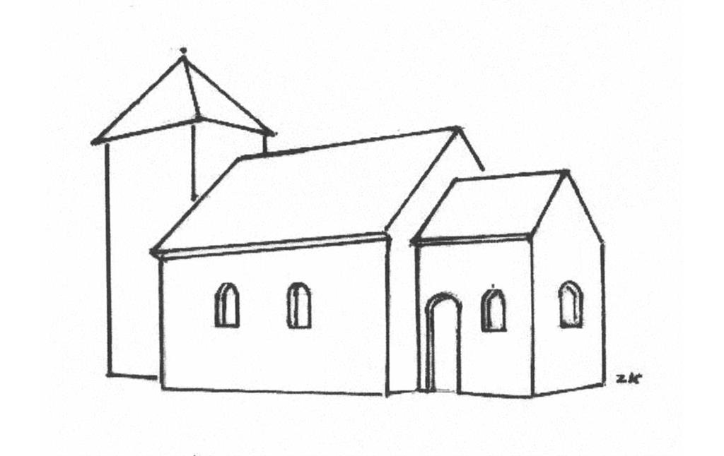 Rekonstruktionsversuch zum Aussehen der Kapelle Schlickum im 12. Jahrhundert (Zeichnung Peter zum Kolk, 1992).