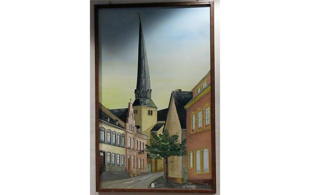 Gemälde der Kaisersescher Pfarrkirche St. Pankratius des Kaisersescher Malers Willy Schrader (1990er Jahre, Aufnahme 2015). Ansicht vom heutigen Postplatz aus.